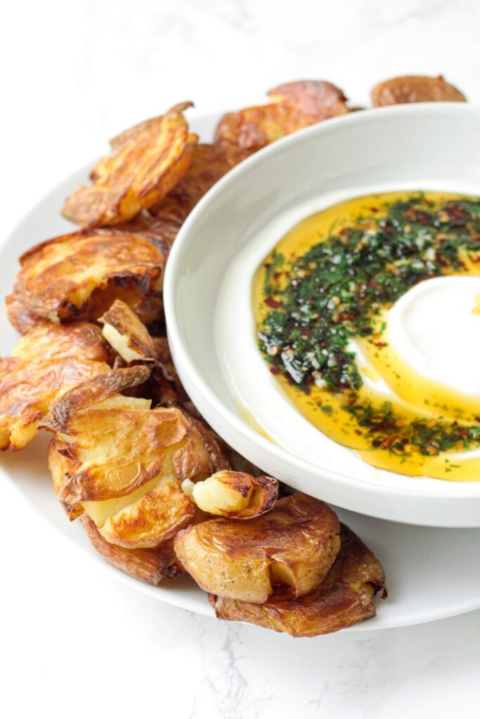 The Best Crispy Smashed Potatoes with Yogurt Dip