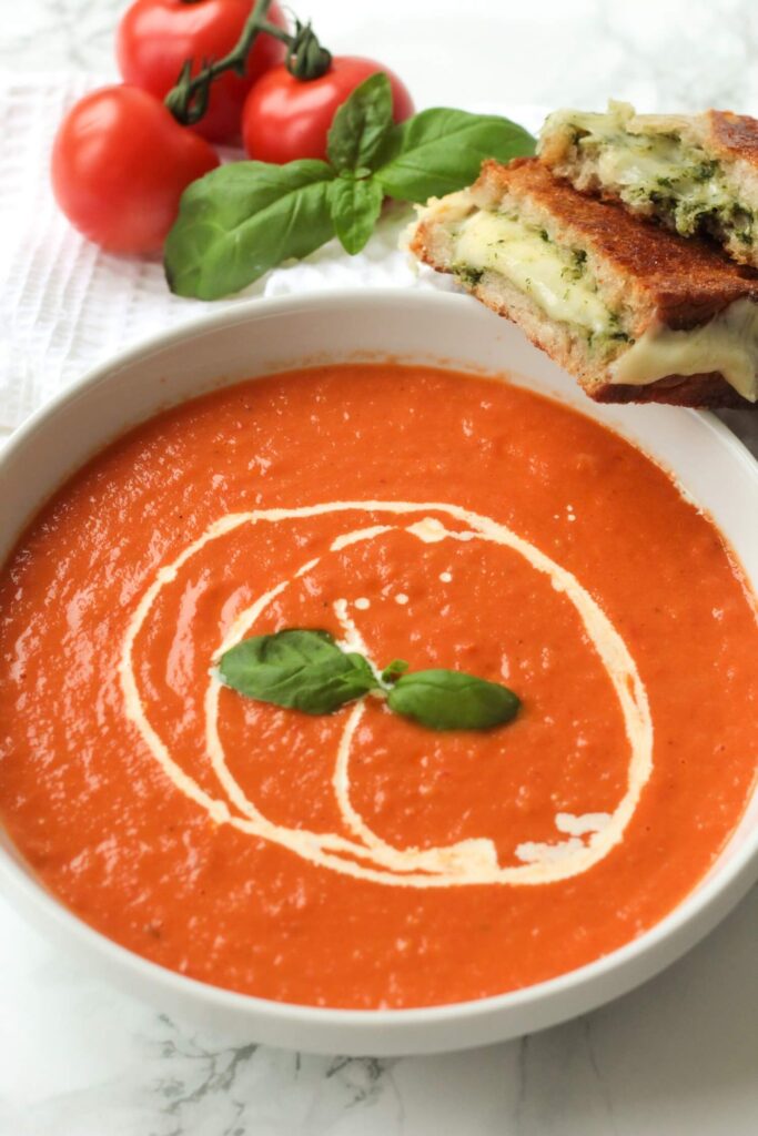 Easy Roasted Tomato Soup with Pesto Grilled Cheese