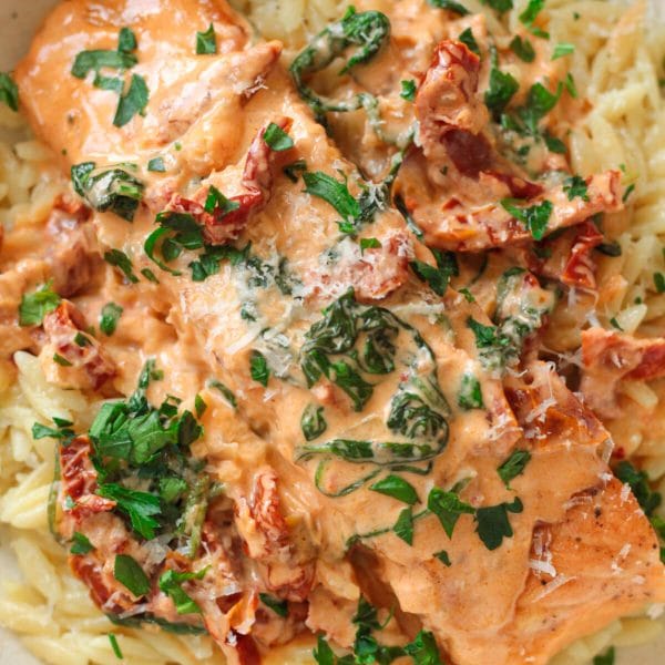 Creamy Tuscan Salmon with Garlic-Parmesan Orzo