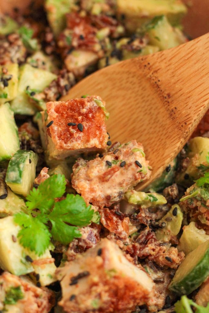 Colorful crispy rice salad with diced ingredients