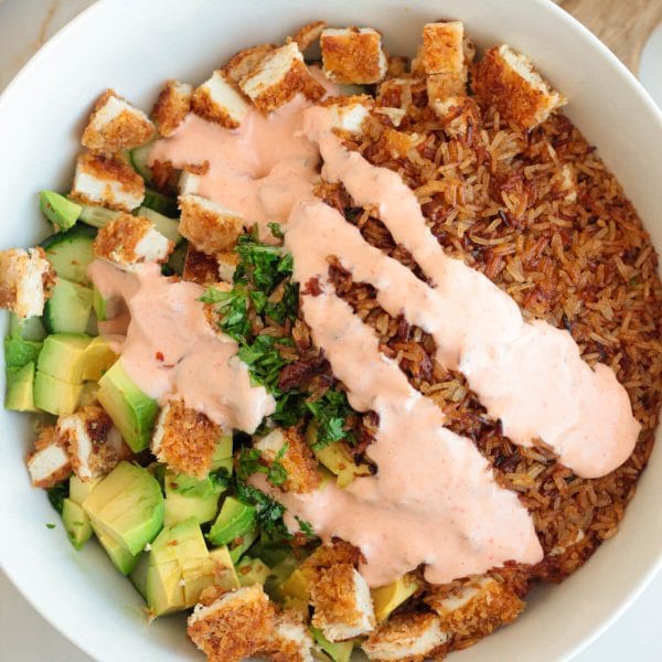 Crispy rice chicken salad in a bowl