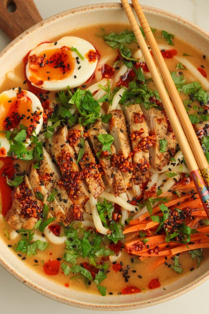 Delicious chicken udon ramen bowl