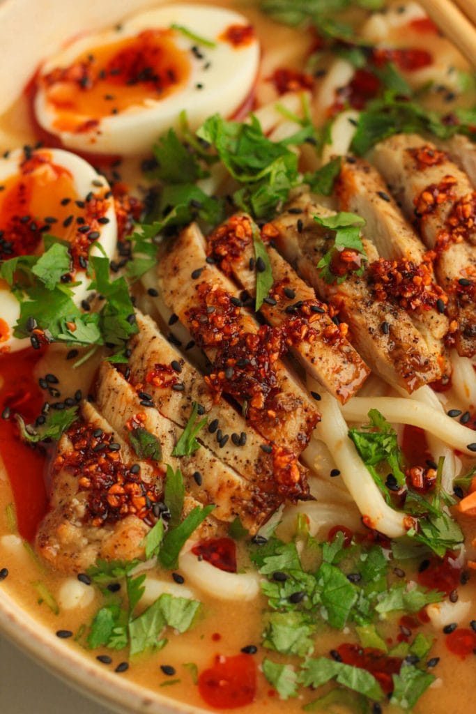 Delicious chicken udon ramen bowl