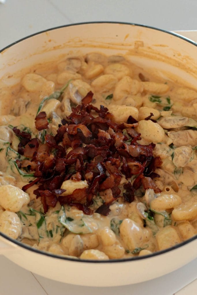 creamy mushroom gnocchi with crispy bacon