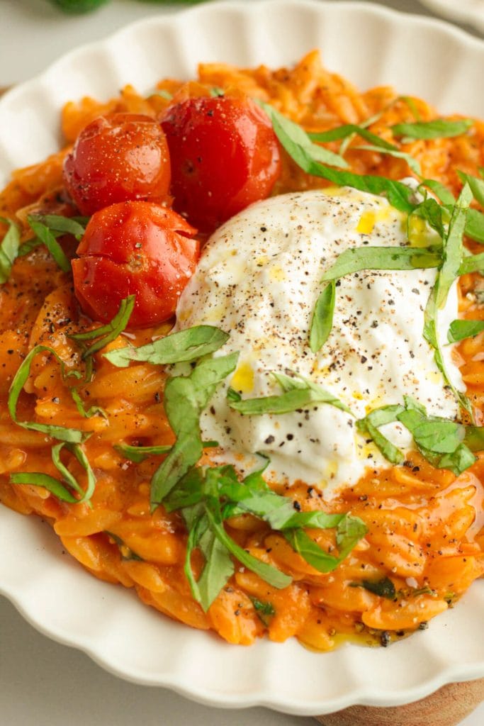 creamy roasted tomato orzo served with burrata and basil