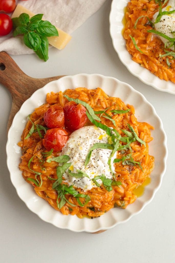 creamy roasted tomato orzo served with burrata and basil