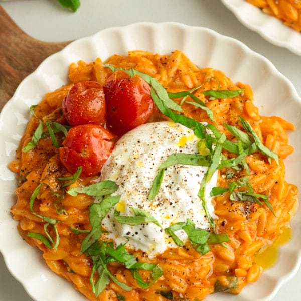 creamy roasted tomato orzo served with burrata and basil