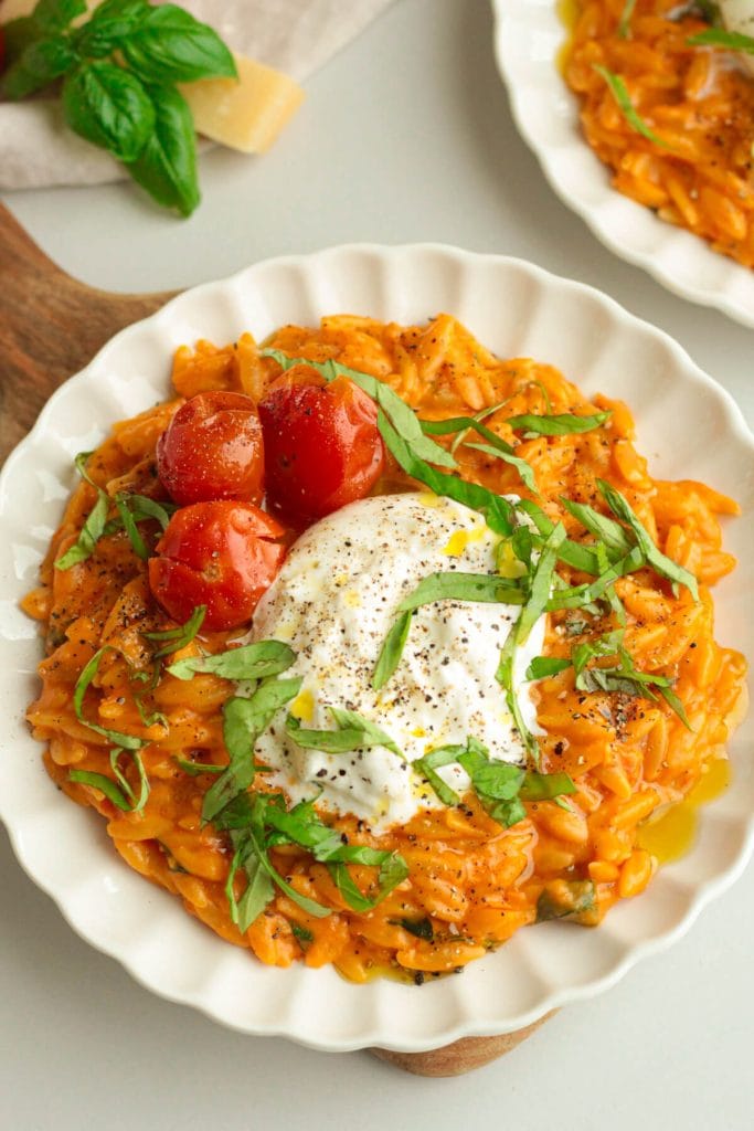 creamy roasted tomato orzo served with burrata and basil