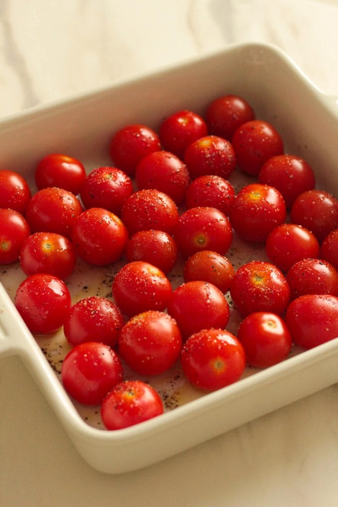 cherry tomatoes in a baking dish