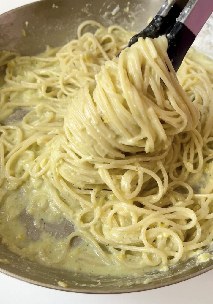 saucy lemon pasta in a pan