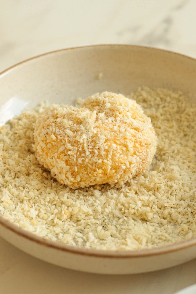 breaded burrata in a bowl